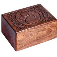 Urne funéraire pour animaux de compagnie en bois massif de qualité supérieure avec empreinte de patte sculptée à la main pour les cendres
