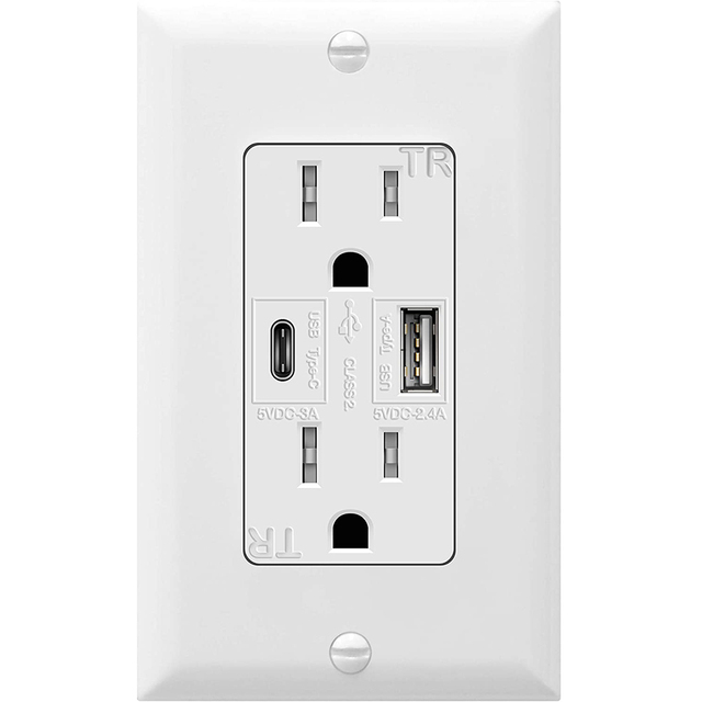 CUL Listed 4.8 a High-Speed USB Type C Wall Outlet Charger 15A Duplex Tamper-Resistant Receptacle Plug Charging Power Outlet