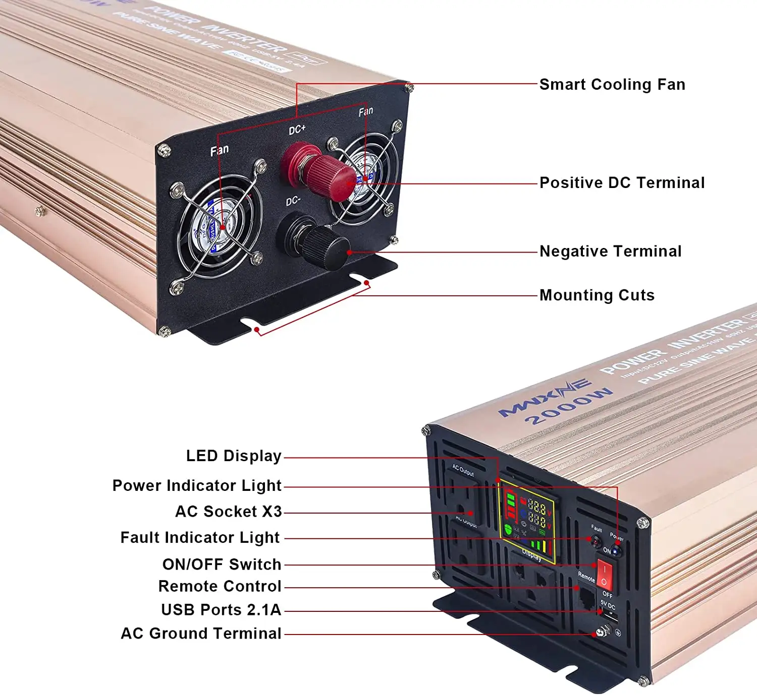 Inverter a onda sinusoidale pura 12v 24v Dc a Ac 110v 220v di alta qualità 1000w 2000w 3000w Inverter di potenza per sistema energetico domestico