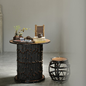 Wabi Sabi Black Bamboo Round Tea <b>Table</b> Handmade Living Room Set - Product Image 1
