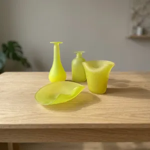 Four Piece Bathroom Set in Frosted Yellow Murano Glass Made in Italy Includes Tumbler Bottle Soap Dish and Decorative Ampoule - Product Image 1