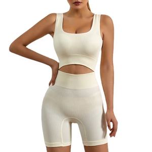 Venta al por mayor Acanalado Alto Impacto Deportes Fitness Bra Top y Entrenamiento Yoga Biker Shorts 2 Piezas Conjuntos para Mujeres - Product Image 3