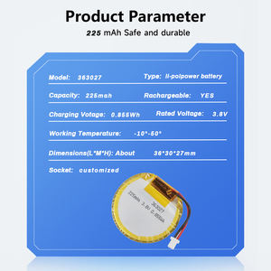 OEM ODM <span class=keywords><strong>3</strong></span>.8 ai polimeri di litio v <span class=keywords><strong>3</strong></span>.7v 225mAh 363027 batteria ricaricabile Lipo rotonda con fili e PCB per utensili elettrici - Product Image 2