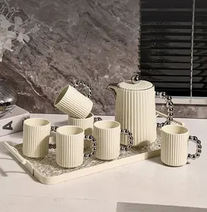 新款北欧简约风格陶瓷茶咖啡杯套装，带茶壶和托盘