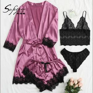 Sfy1133 vente en gros <span class=keywords><strong>pas</strong></span> cher à manches longues femmes pyjamas 4 pièces ensemble de vêtements de nuit sous-vêtements Sexy Satin vêtements de nuit Homewear Robe pyjamas femmes - Product Image 1