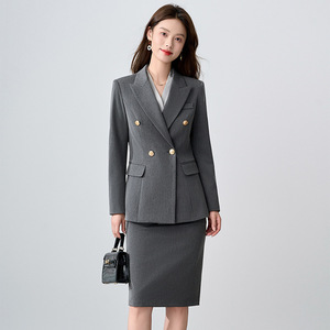 Women's Double Breasted Suit Set <b>Black</b> Wool Blend Office Lady Professional <b>Work</b> Wear Full Sleeve Anti Wrinkle - Product Image 3