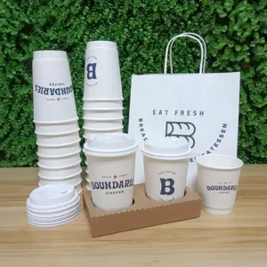AT PACK Coffee Shop Supplies White Black Coffee Paper Cups Take Away Paper Bags For Coffee Cups With Handle