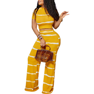 Spring Summer Casual New Knit Women's <strong>Wide</strong> <strong>Leg</strong> Suit Style Stripe Printed Short <strong>Crop</strong> Top Pants <strong>Trousers</strong> 2 Pieces Eco-friendly Set - Product Image 4