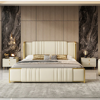 Meubles de chambre à coucher, lit queen size moderne de luxe, revêtement en similicuir, tête de lit en acier inoxydable doré, blanc, rangement, confort, douceur
