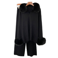 Ensemble Luxe Décontracté Deux Pièces en Laine Tricotée pour Femme Automne-Hiver, Pull et Pantalon, Col et Poignets en Véritable Fourrure de Renard, Motif Uni, Coupe Ample