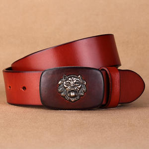 حزام جلد بمشبك للرجال, حزام عرض 3.8 سنتيمتر من الجلد التفاف شعار الأسد عبر شعار مطرز على النمط الغربي حزام مشبك leather100 % الايطالية حزام أصلي للرجال - Product Image 4