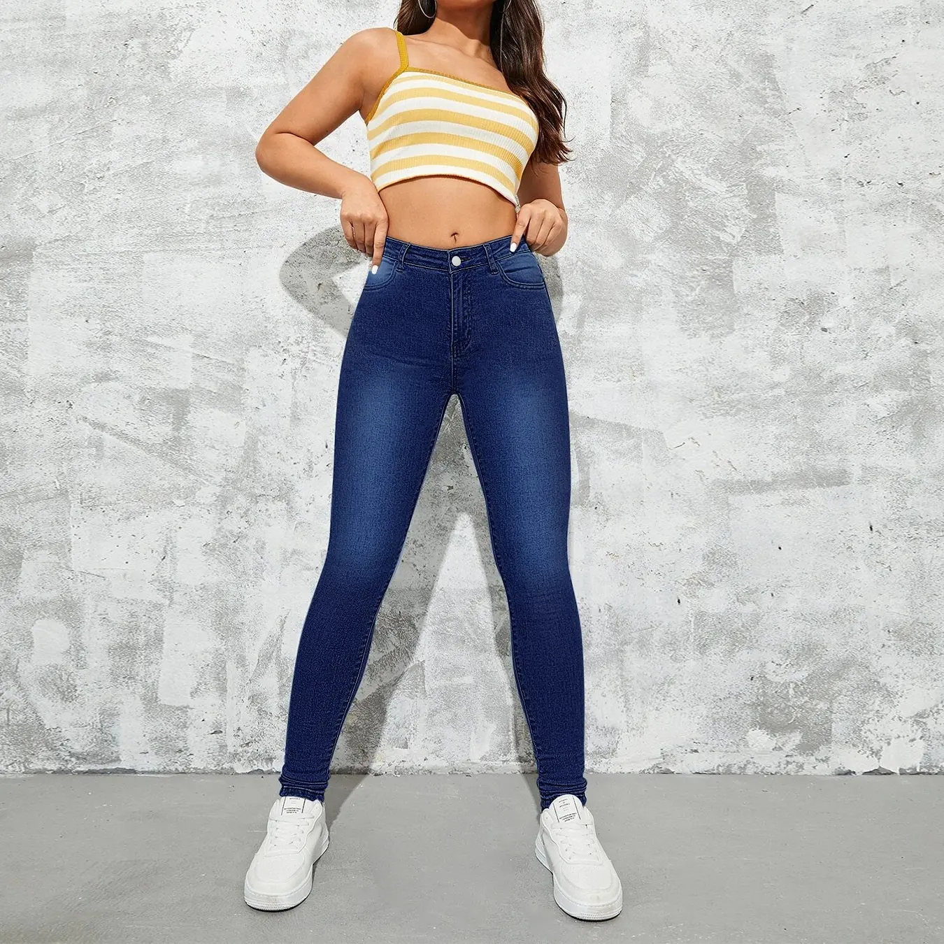 WJ199 jeans moulants en denim pour femmes, taille haute, levage des hanches, couleur unie, jeans slim pour dames