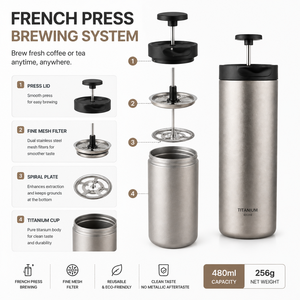 Tasse à café en titane pur de 480 ml, à double paroi isolée, avec filtre réutilisable pour la préparation du café en camping en plein air - Product Image 3