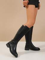 Bottes d'équitation montantes en cuir PU pour femme, talon bas, fermeture éclair latérale, bout rond, bride à boucle, confortables, automne-hiver, vente en gros