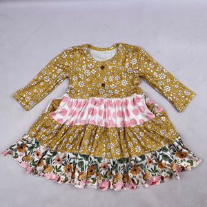 Qingli fille vêtements Plaid petites filles <span class=keywords><strong>robe</strong></span> à manches longues automne <span class=keywords><strong>robe</strong></span> <span class=keywords><strong>3</strong></span> ans à <span class=keywords><strong>4</strong></span> ans jaune plein enfants motif décontracté - Product Image 3