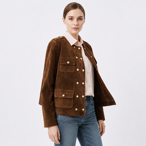 Chaqueta Bluson de Piel de Oveja para Mujer, Color Sólido, Ecológica, Antiarrugas, Auténtica, Marrón, Corta, con Botones Dorados y Bolsillos, de Lujo, para Otoño - Product Image 3