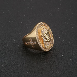 Anello da Uomo in Ottone Placcato Oro 14K con Volto di Gesù, Stile Hip Hop, con Zirconi CZ, Anello a Fascia Ovale Religioso, Regalo di Moda - Product Image 6