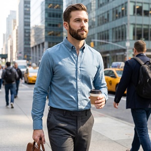 Camisa <span class=keywords><strong>Oxford</strong></span> Premium 100% Algodón de Manga Larga para Hombre, Diseño sin Bolsillos, Cuello con Botones, Transpirable, Antiarrugas, Elegante - Product Image 4