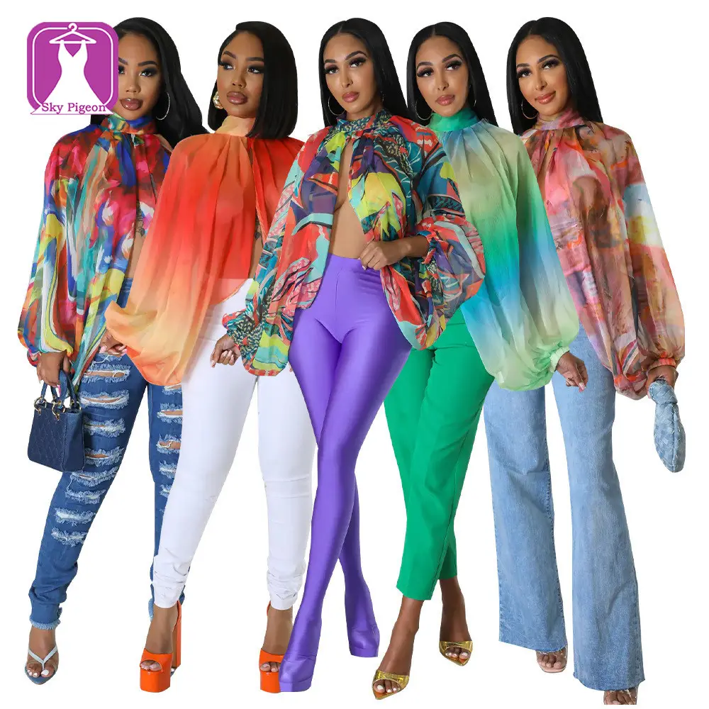 Hot Selling Multicolor Floral Print Backless Individuality Top Batwing Sleeve Lace-Up Slit Women Chiffon Shirt Top