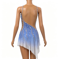 Costume de patinage artistique pour enfants et adultes, robe en maille sans manches dégradée bleu et blanc avec strass pour spectacle sur glace