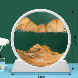 Grosir lukisan seni pasir gunung jam pasir dekoratif kaca bulat dan bingkai putih gambar seni pasir bergerak 3D