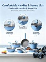 Ensemble de 6 ustensiles de cuisine en aluminium antiadhésif, casseroles et poêles bleues, couvercles en verre, poignées résistantes à la chaleur, compatibles avec tous les types de cuisinières, passe au four et au lave-vaisselle, pour la cuisine à domicile