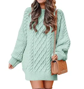 New women's women's round neck, long-sleeved, large-profile cable-knit thick-needle pullover, mid-length sweater dress