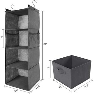 Organisateur de placard suspendu à 4 étagères, 33x15x85cm, pliable avec poches latérales pour le rangement des vêtements de chambre à coucher, gris - Product Image 2