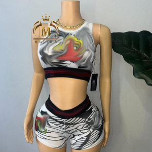 Conjuntos de pantalones cortos de moda para mujer, Top corto estampado de verano y pantalones cortos, conjunto de 2 piezas a juego Y2K, conjuntos de ropa informal para mujer, Verano - Product Image 1