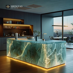 Encimera de Barra de Cocina con Cascada, de Piedra Translúcida de Resina de Cuarzo Cristal Verde Iluminado - Product Image 2