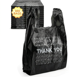 Bolsa de Plástico Negra para Camisetas con Impresión de Agradecimiento, Bolsa de Compras Desechable de LDPE con Asa Larga de 6 Pulgadas - Product Image 1