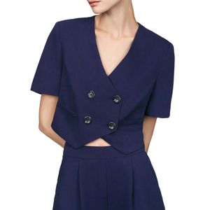 Veste de costume ajustée pour femme, bleu marine, col en V, double boutonnage, manches courtes, anti-rides et confortable - Product Image 1