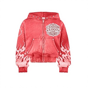 Street Fashion ooded <b>Jacket</b> Red Flame Print Oversized Crop Fit Oversized Boxy Fit Drop Shoulder Distressed Embroidery Vintage - Product Image 1