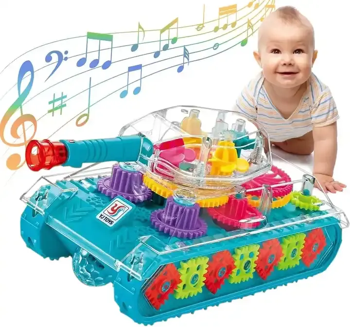 Tiktok 핫 제품 투명 기어 탱크 전기 유니버설 워킹 장난감 다채로운 빛과 음악 플라스틱 자동차 장난감