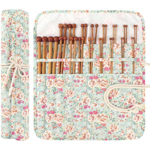 Indskill – Nouvel ensemble de 18 paires d'aiguilles à tricoter en bambou – Aiguilles à tricoter en bois à pointe unique de 14 pouces avec sac de rangement enroulable à motif floral – Portable - Product Image 1