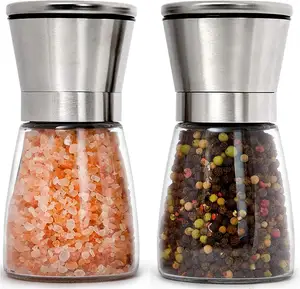 NEWYUES Set wadah penggiling garam dan merica, wadah penggiling kaca dapat disesuaikan dengan tutup plastik Stainless Steel untuk dapur