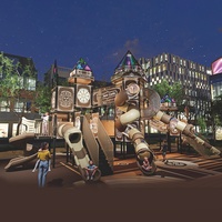 Aire de jeux commerciale steampunk multi-tours avec 5 toboggans et tunnels d'escalade |   LLDPE Acier Galvanisé |   Capacité pour 40 enfants |   En plein air