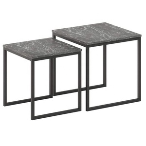 중첩 커피 테이블 세트 2 산업 엔드 스퀘어 대리석 탑 스탠드 소파 사이드 침대 옆 대리석 탑 커피 테이블 - Product Image 3