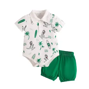 Sunny Baby 2024 Summer Infant Clothes New Baby Boy Clothing Cartoon Dinosaur Printed Lapel Romper + Green Shorts Two-piece Set