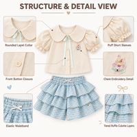 Ensemble de vêtements pour petites filles, chemise beige, culotte à carreaux bleue, manches bouffantes en coton, vêtements de printemps et d'été pour enfants