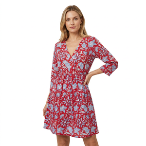 Vestido Largo Estampado Floral Rojo, Corte en A, Cuello Redondo, Manga Tres Cuartos, Cómodo, Ecológico, Transpirable, 100% Algodón, Moderno - Product Image 1