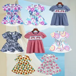 Yiwu Yiyuan Garment summer puff sleeve short button up dress infants toddlers girl 100% cotton dresses children casual dress