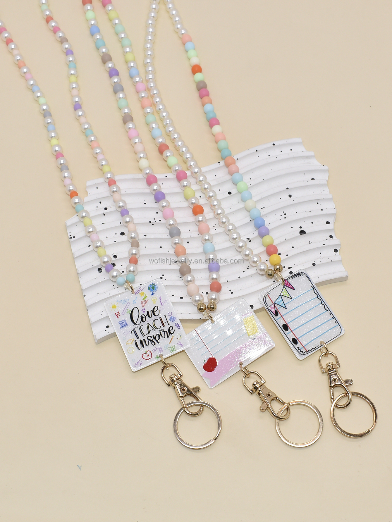 New Designs Wholesale Silicone Beads Monogrammed Wooden Disc Tassel Lanyard Keychain Pendant Necklace Lanyards Image 3