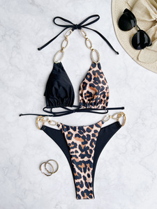 Conjunto de <span class=keywords><strong>bikini</strong></span> con estampado de leopardo para mujer, traje de baño de dos piezas con espalda descubierta y circonita y diamantes de imitación, <span class=keywords><strong>tipo</strong></span> de tangas inferiores - Product Image 3