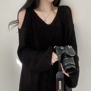 Otoño nuevo elegante suéter con cuello en V para mujer jersey de protección solar de color sólido suelto Casual fuera del hombro pulóver - Product Image 4