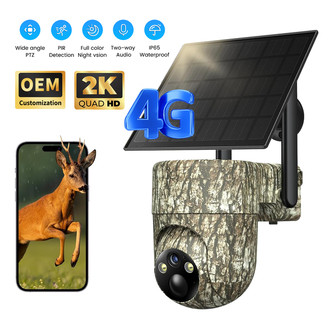 AVstart 3MP 2K 4G Solar Powered 4G PTZ Camouflage Hunting Camera Zero Wiring 850nm/940nm Smart Alerts for Remote Hunting Spots