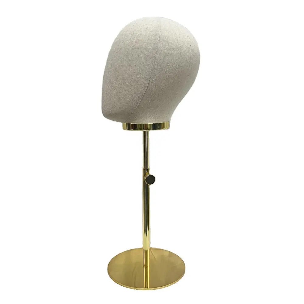 New Fabric Covered Head Mannequins Shinning Head with golden bracelet Hair Boutique Pros Adjustable Gold Wigs hat display stand