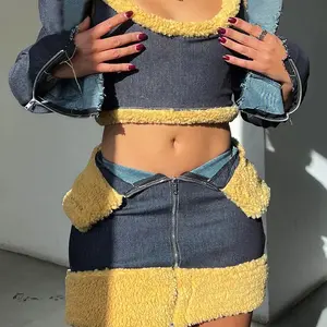 Furry Patchwork Denim 3 Piece Set Women Sexy Lapel Long Sleeve Crop Jacket+Vest+Mini Skirt Matching Suits