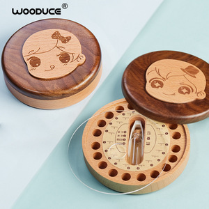 Wooduce Baby Tooth <b>Keepsake</b> <b>Box</b> Walnut Wood Round Cartoon Character Handmade Gift For Infants And Toddlers - Product Image 2