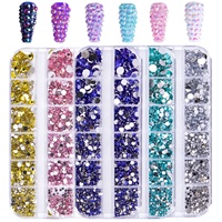 Accessoires de nail art en ABS à 12 compartiments, strass en résine à fond plat scintillants pour vêtements, mugs et décoration d'ongles DIY
